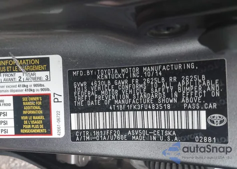 2015 Toyota Camry Se z USA, uszkodzony, nr VIN 4T1BF1FK3FU483518